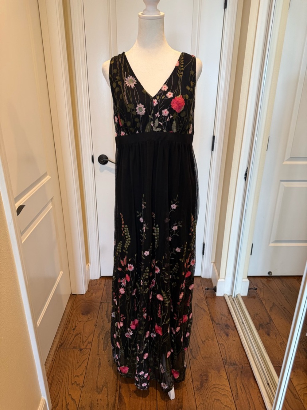 INC International Concepts Black Maxi Dress with Pink & Green Floral Embroidery